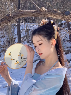 乔欣分享古装写真大片 穿蓝衣雪地中手持团扇仙气十足